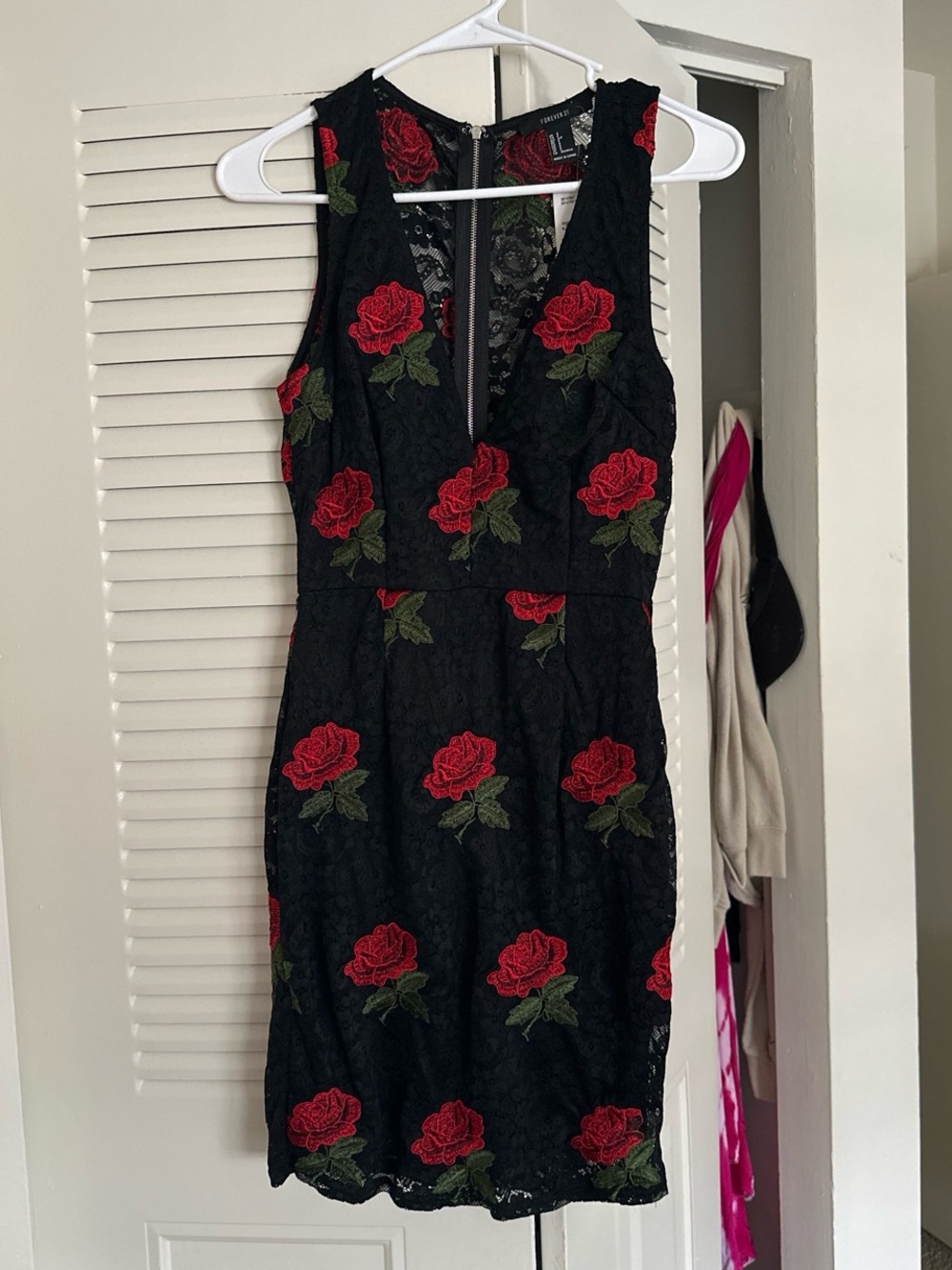 Forever 21 Black Lace Mini Dress with Red Rose Embroidery
